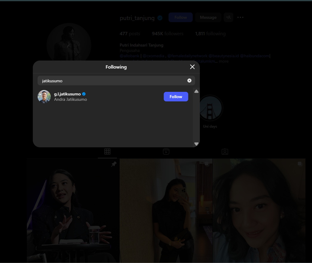 Putri Tanjung masih mengikuti akun Instagram suami.